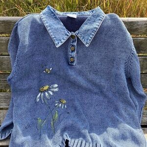 Embroidered Blue Knit Sweater with Floral Design